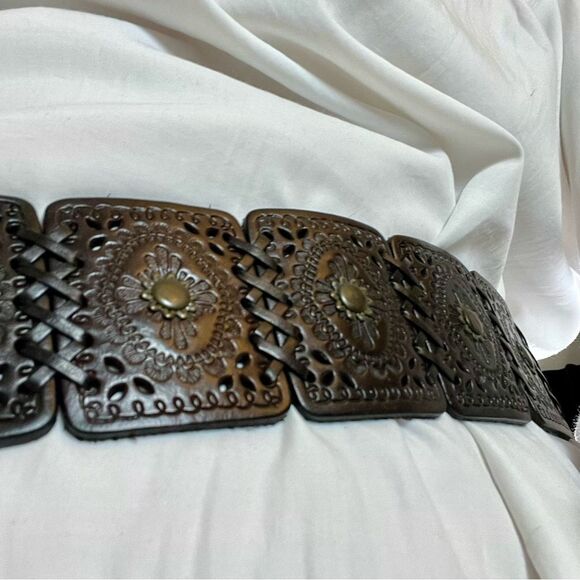 Vtg New Ralph Lauren wide leather belt Tooled Braid Brass buckle Boho Western L - Picture 5 of 16